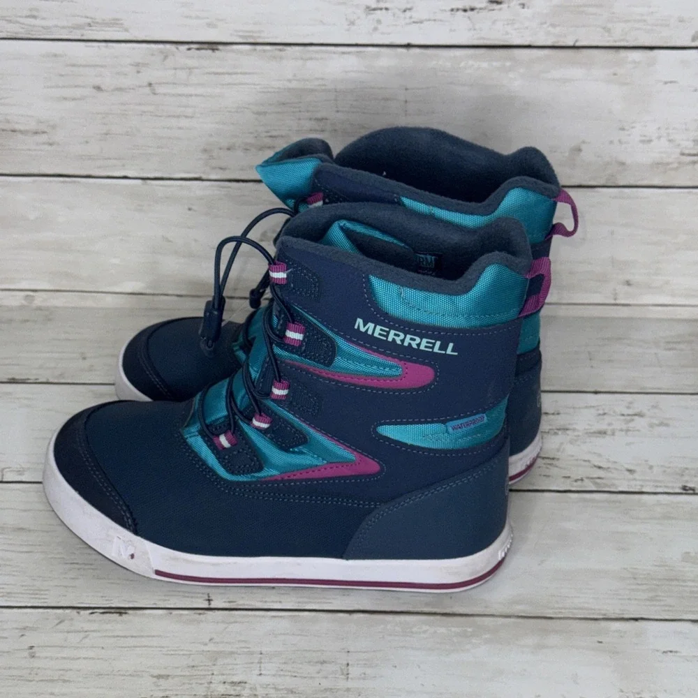 Merrell Kids Snow Bank 3.0 Waterproof Winter Boots Size 4M Navy Turquoise Pink